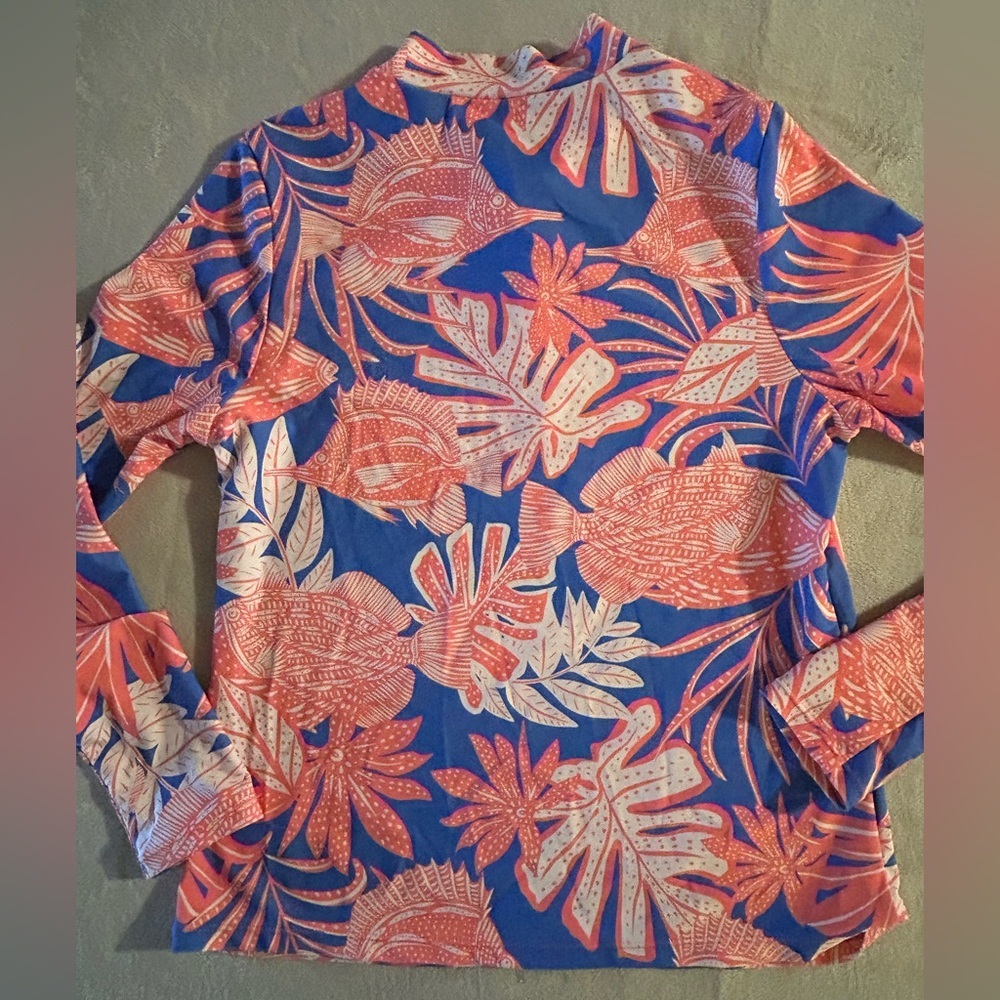 Caribbean Joe 1/4 Zip Swim Shirt Tropical Fish Plants Hawaiian Blue/Coral Sz Med - Picture 8 of 8